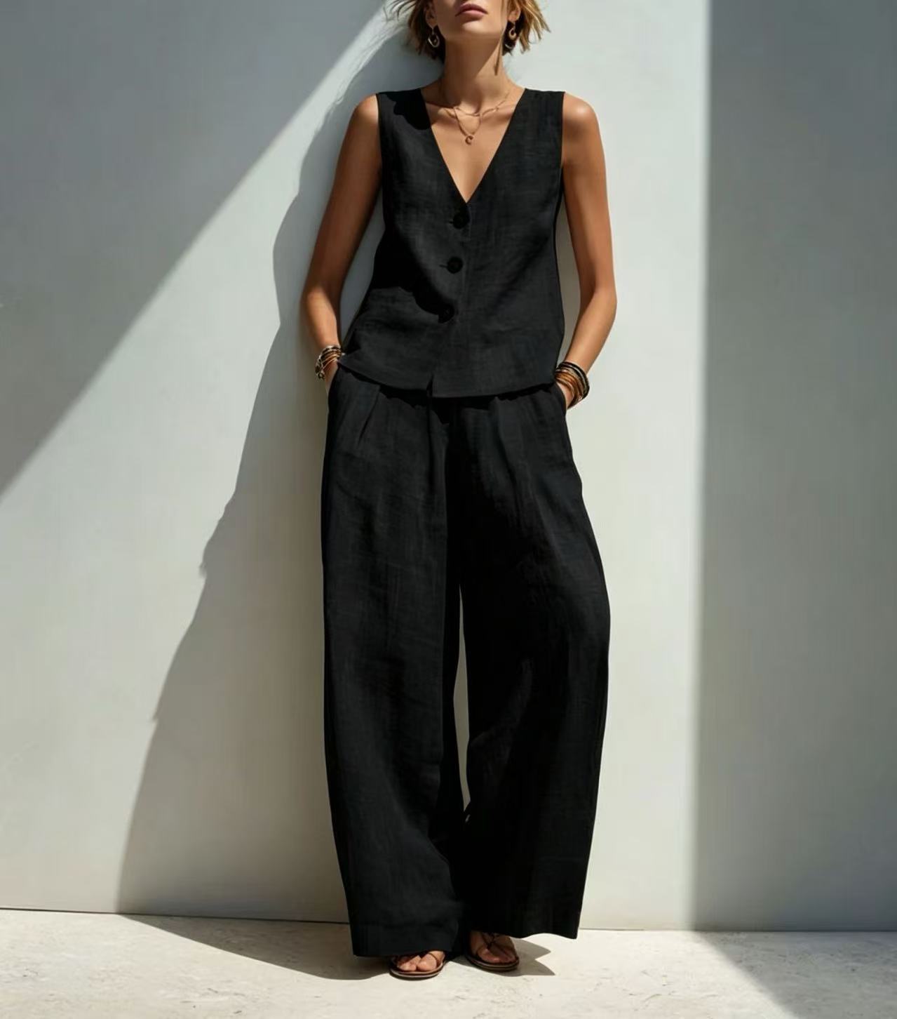 Linen-Blend V-Neck Button Tank Top & High-Waist Wide-Leg Pants Set