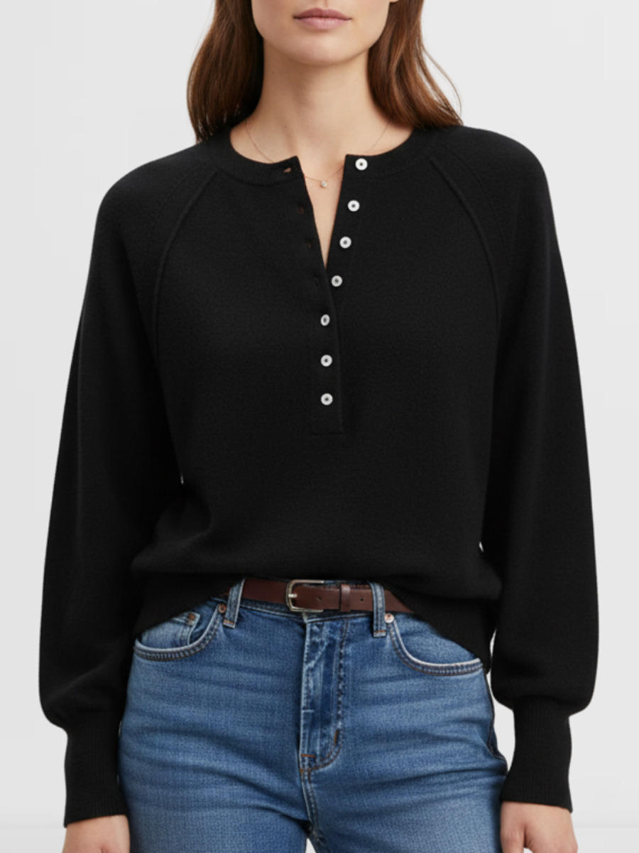 Women's Casual Crewneck Button-Front Knit Henley Sweater
