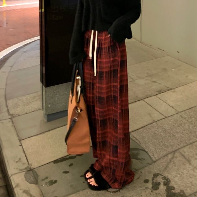 Retro Red Plaid High-Waist Straight-Leg Pants for Women
