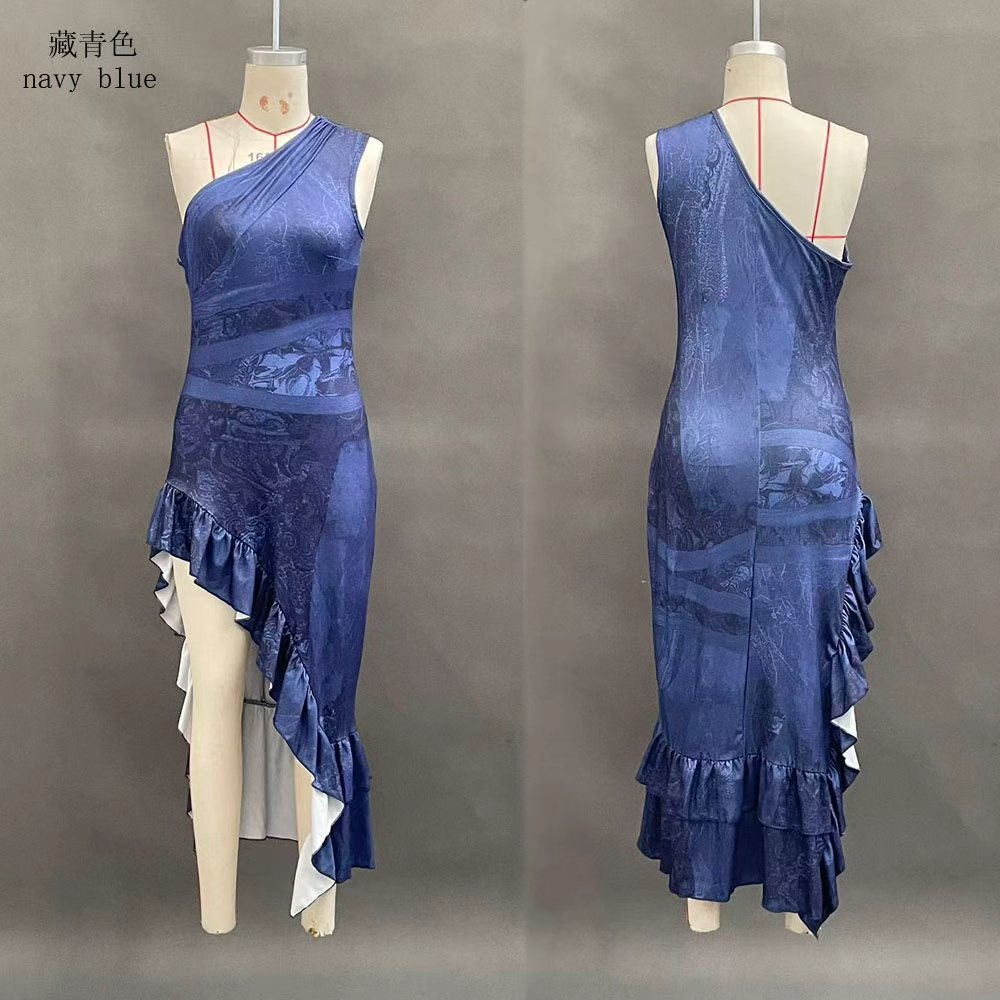 Retro Patchwork Print Asymmetric High Slit Bodycon Maxi Dress