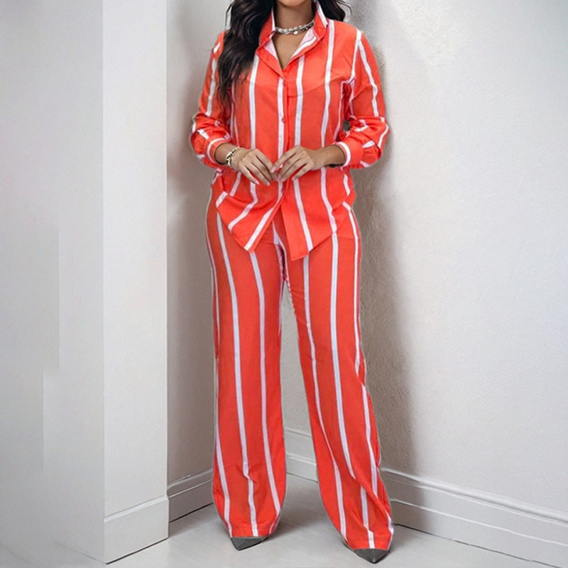 Striped Collared Shirt and Pants Set Casual Two-Piece