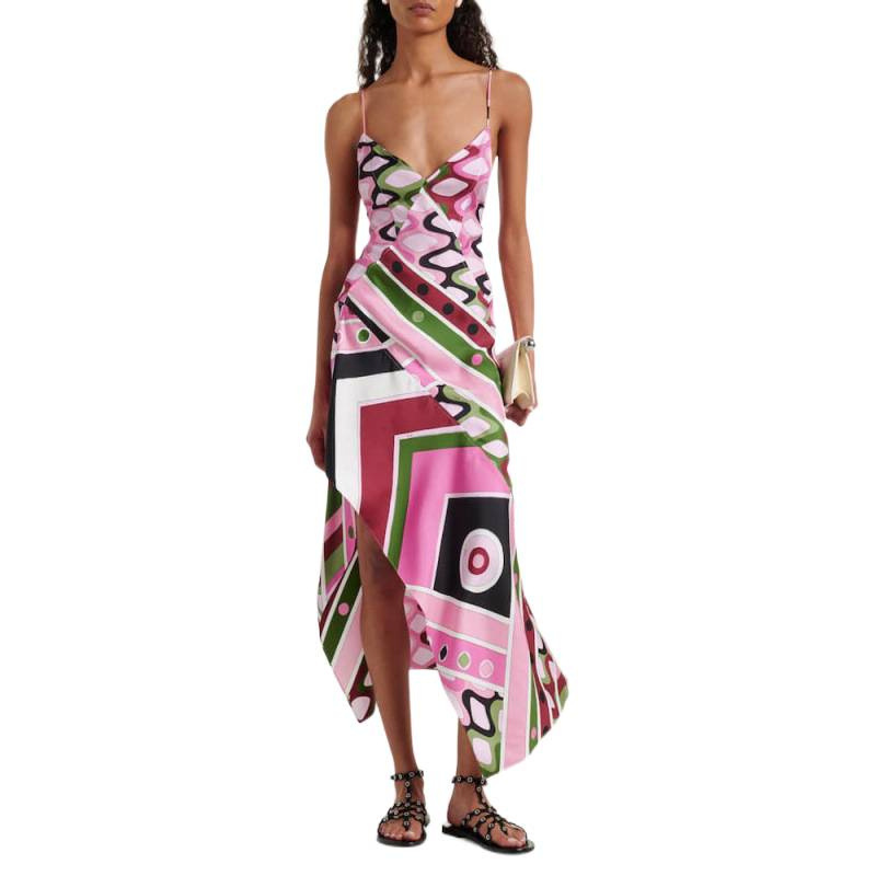 Women's Printed Backless Sleeveless Irregular Long Dress