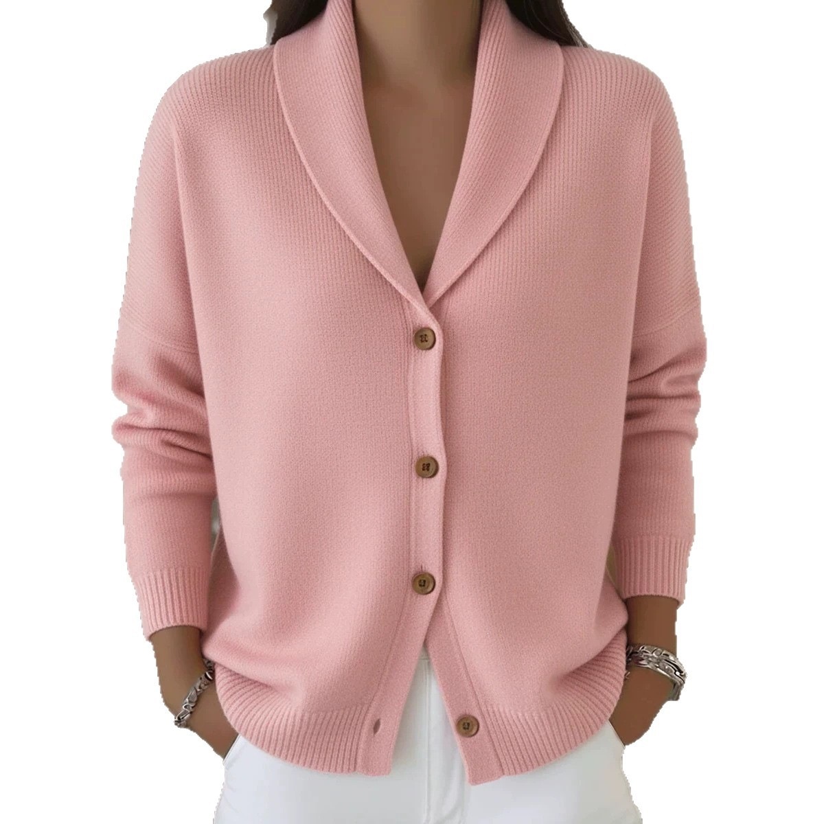 Button-Front Knit Cardigan Sweater with Collar, Solid Color, Casual