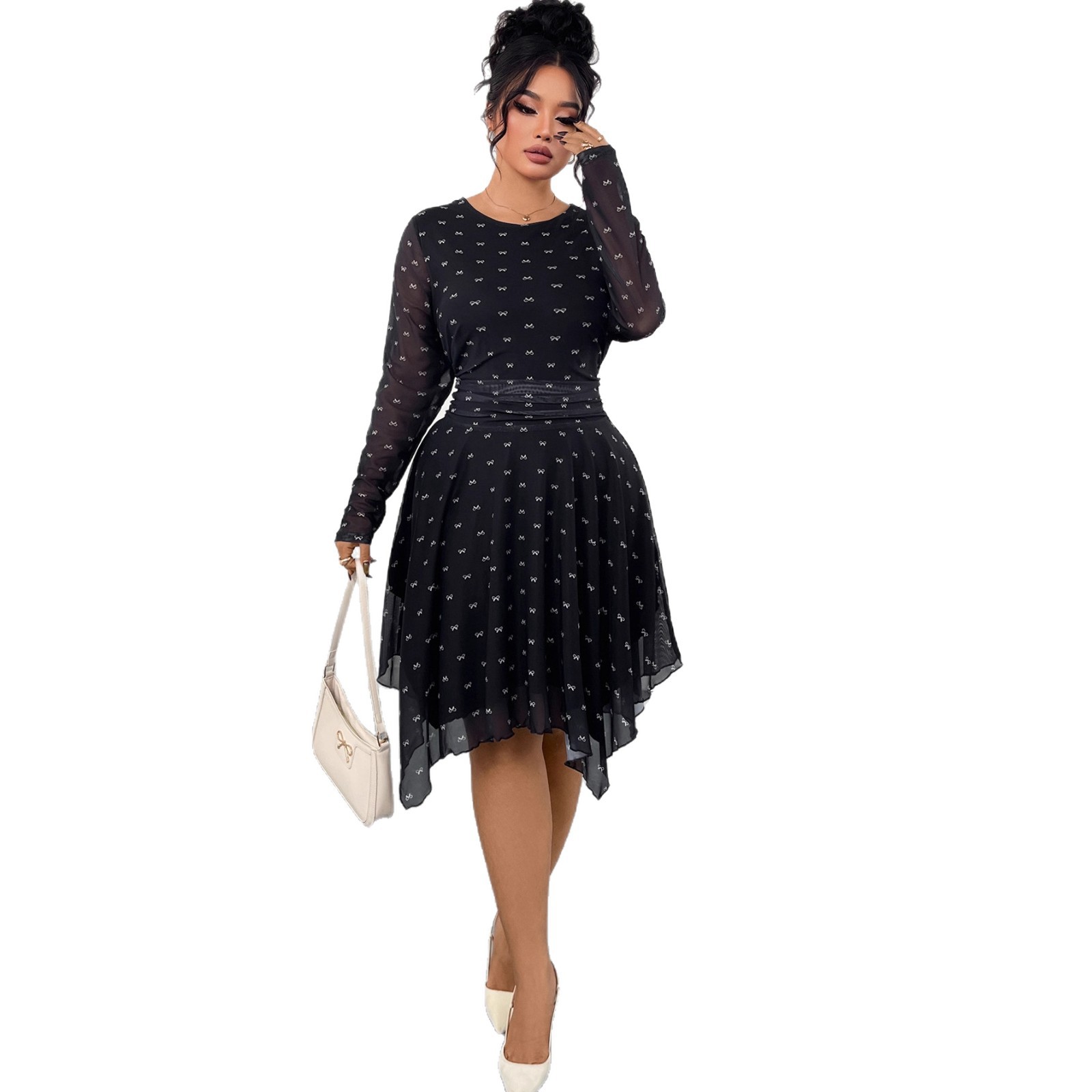 Bow Print A-Line Little Black Dress Hepburn Style Chiffon Midi