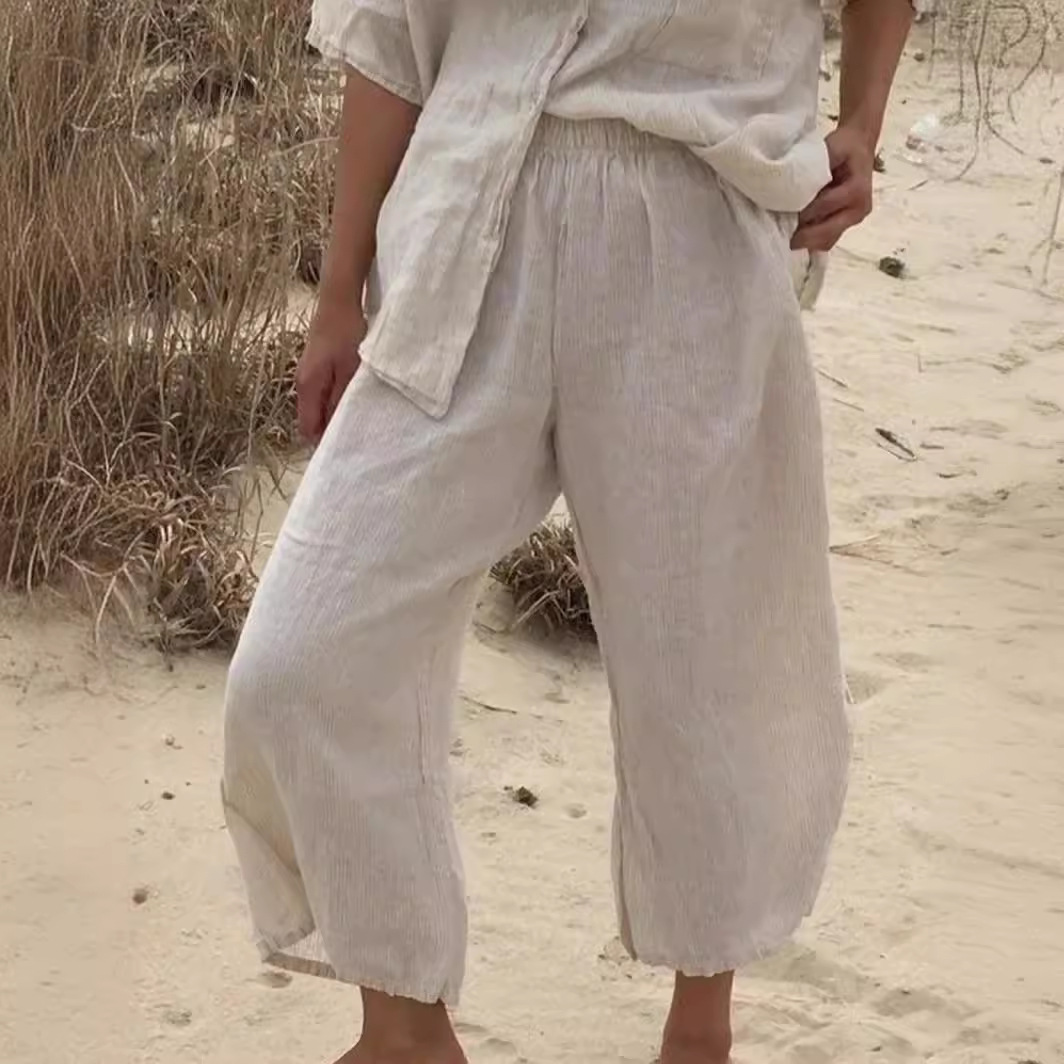 Linen-Blend High-Waist Straight-Leg Capri Pants with Pockets