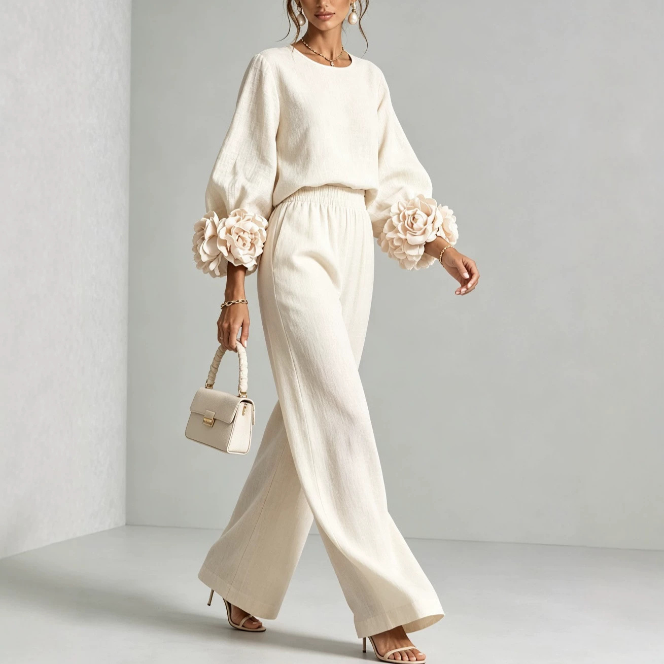 Floral Cuff Top and Wide-Leg Pants Set