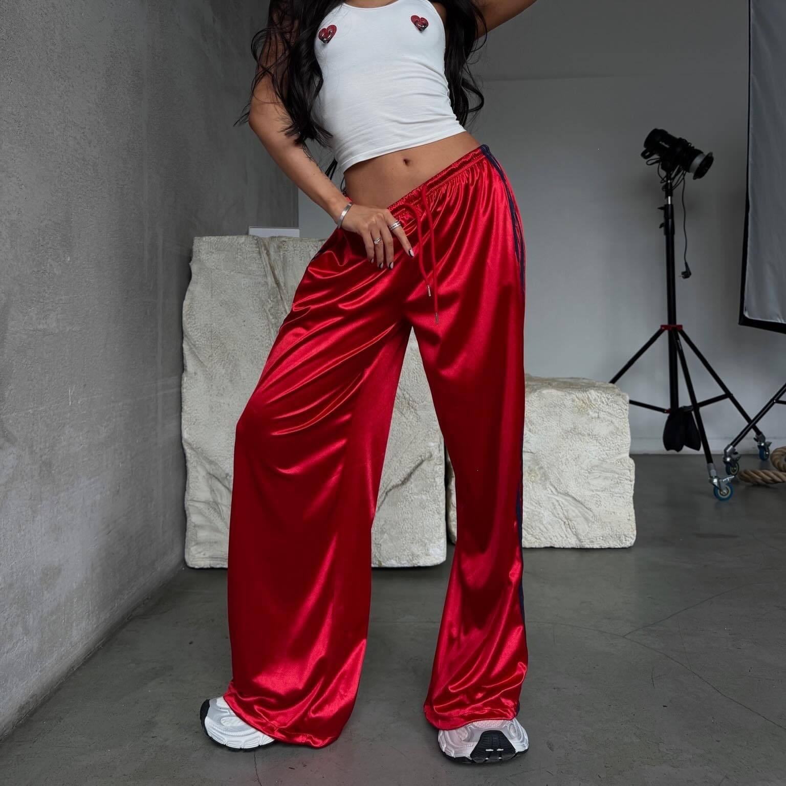 Women's Wide-Leg Drawstring Pants with Side Stripes