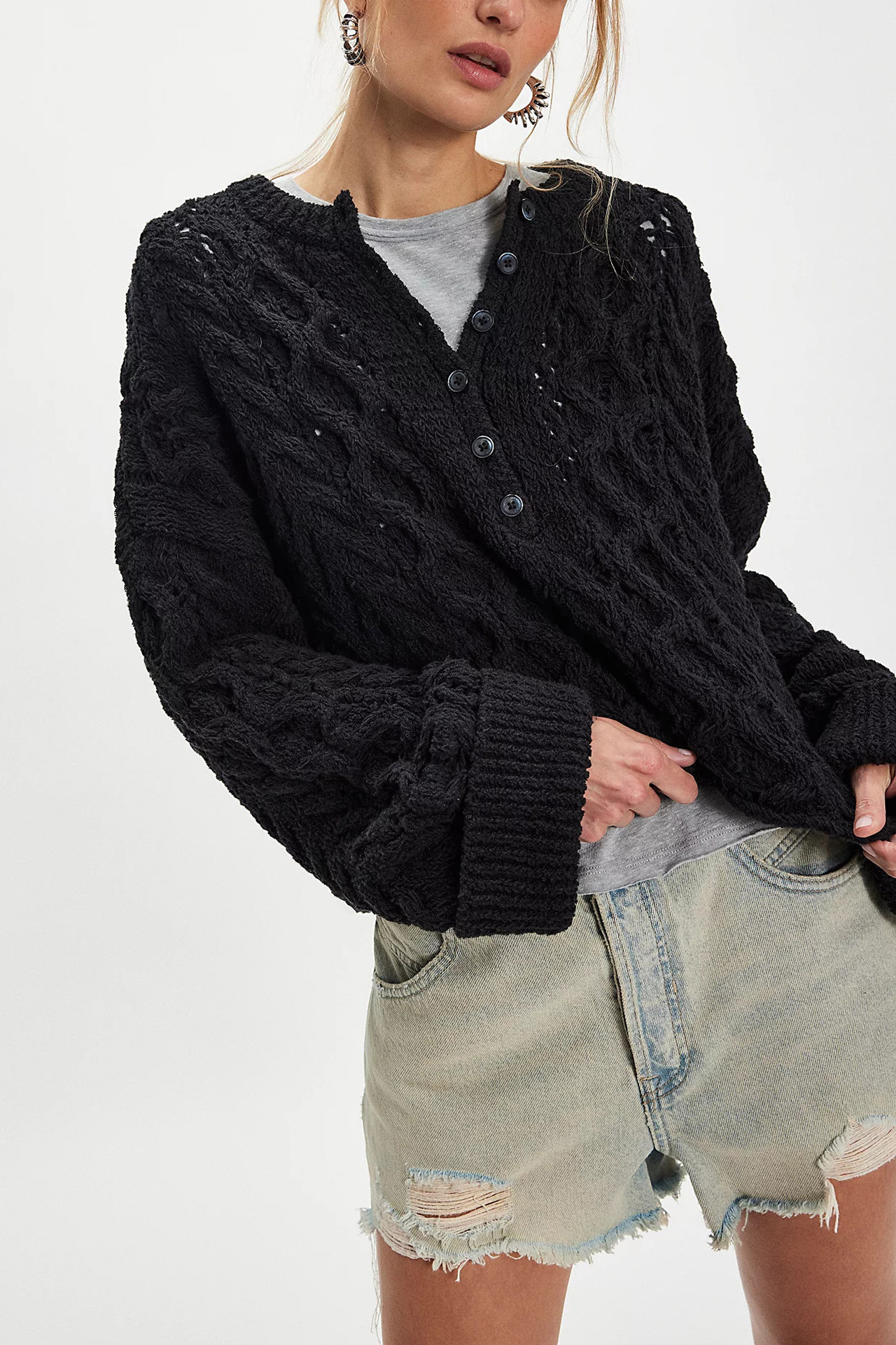 Cable-Knit Button-Trim Pullover Sweater