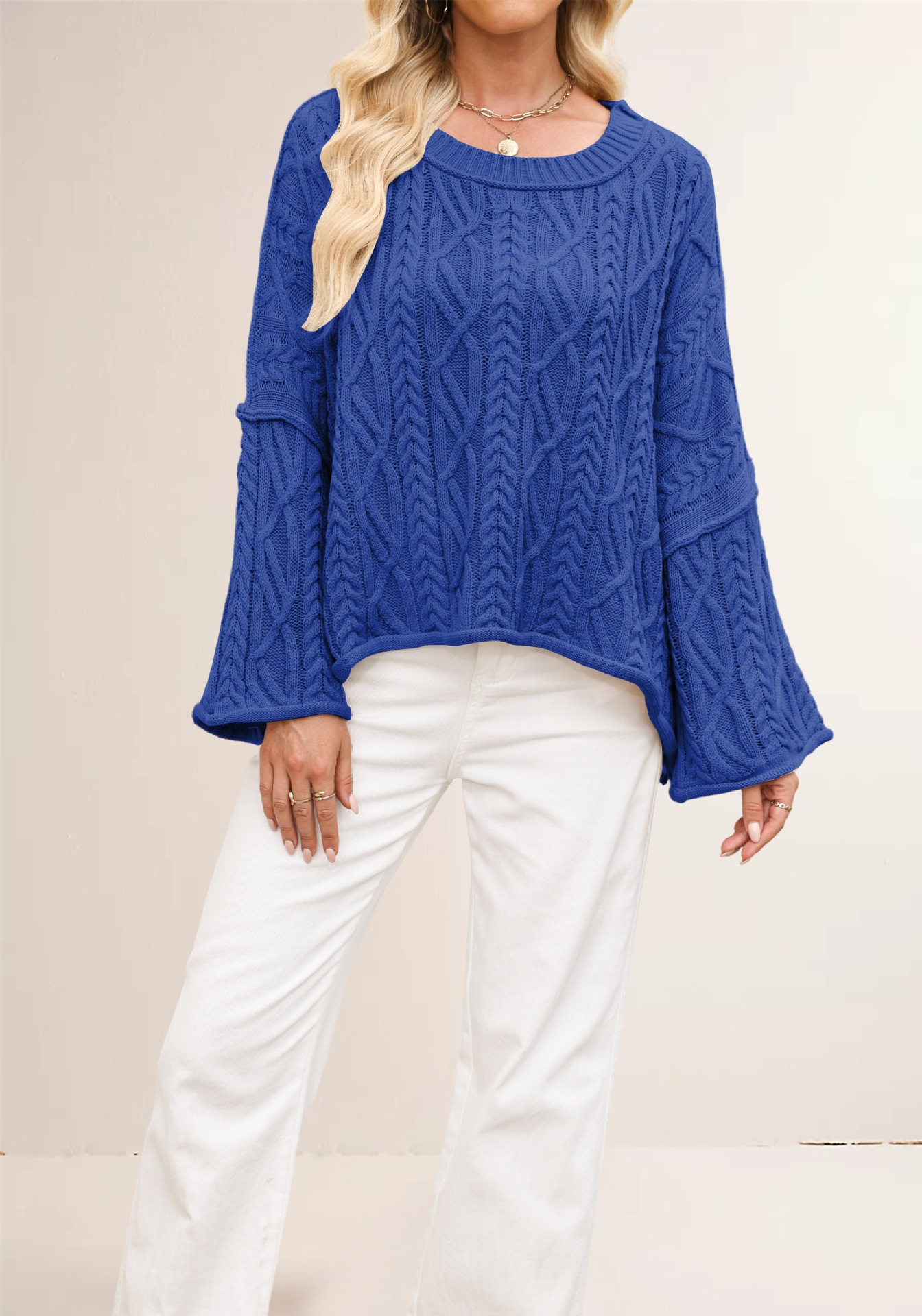 Cable Knit Cropped Sweater Plus Size Loose Crew Neck Pullover