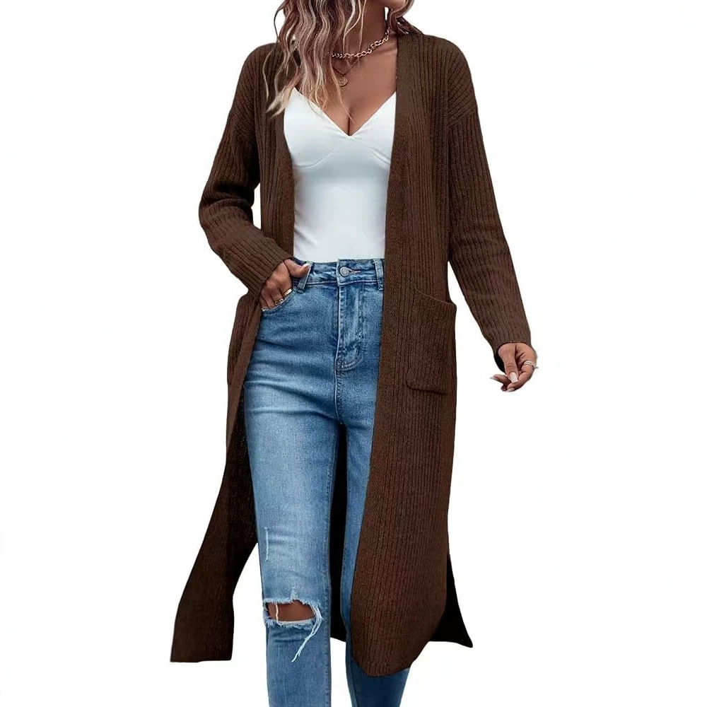 Long Slit Lazy Style Pocket Cardigan Sweater Women's Loose Knit Coat
