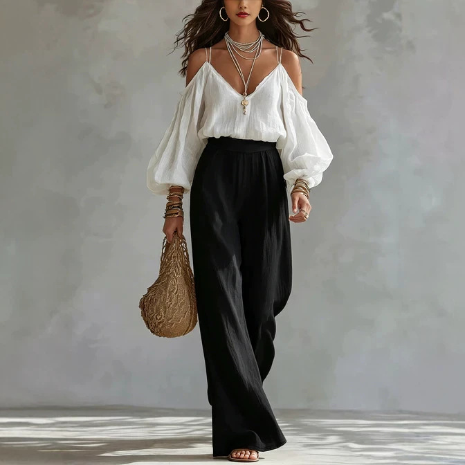 V-Neck Cold-Shoulder Long-Sleeve Solid Top & High-Waist Black Wide-Leg Pants Women's Two-Piece Set