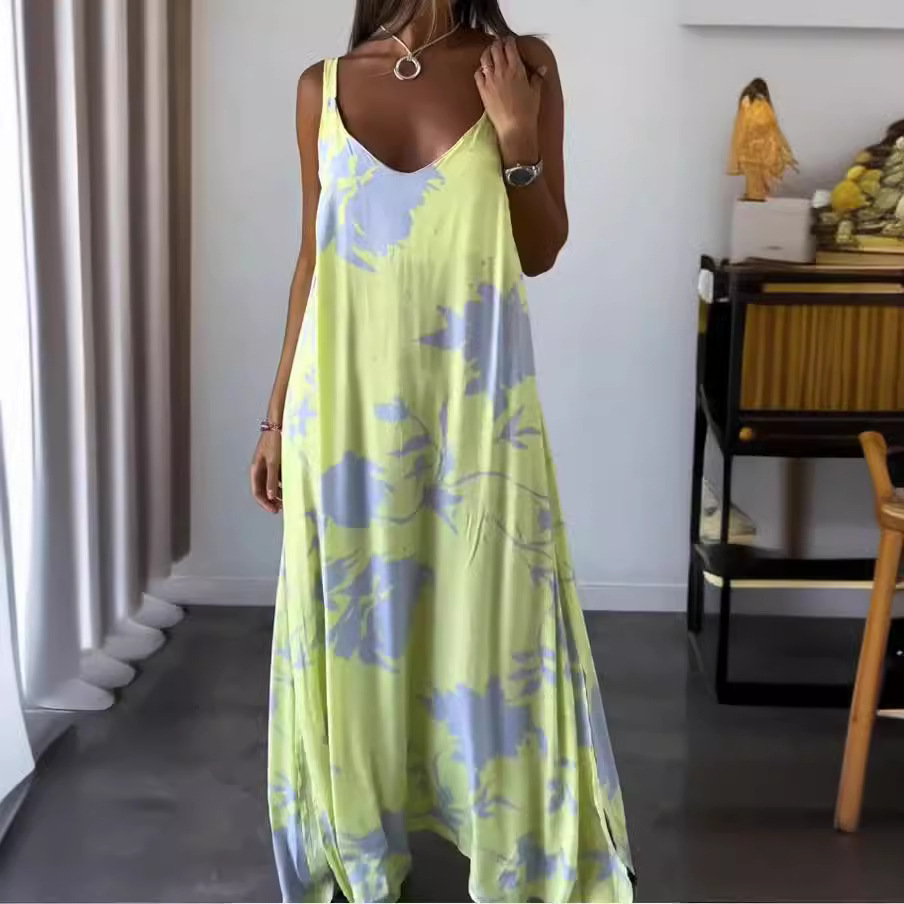 Floral Print V-Neck Open-Back Sleeveless A-Line Maxi Dress