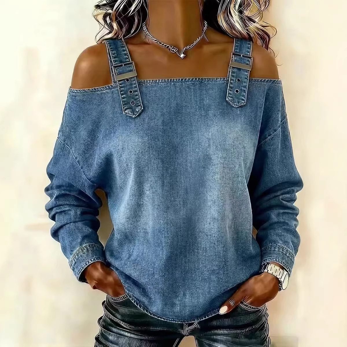 Women's Denim Cami Top Retro Casual Loose Fit Long Sleeve