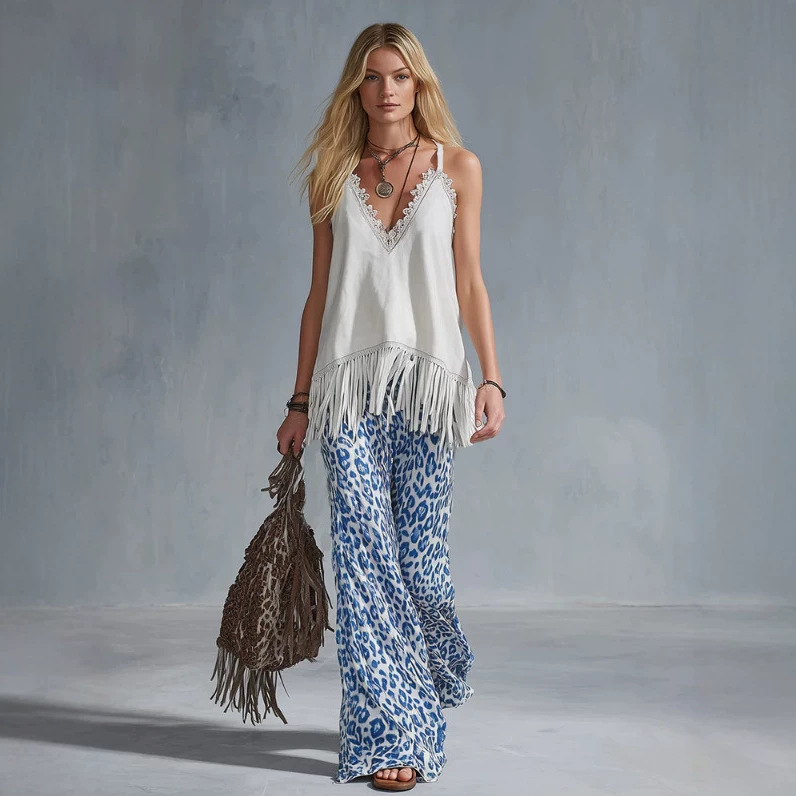 Elegant White Fringe Top and Blue Leopard Chiffon Flare Pants Set