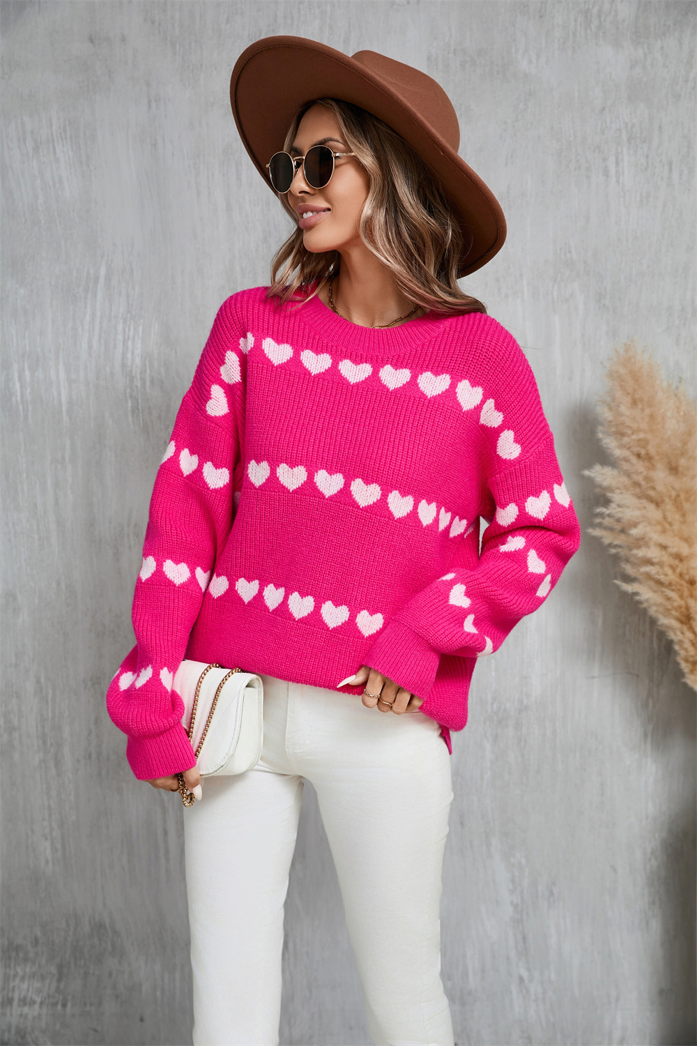 Women's Heart Print Knit Pullover Sweater