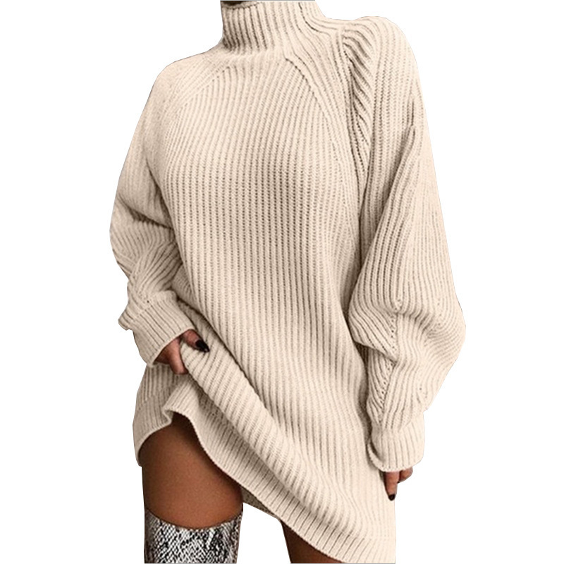 Women's Solid Knit Sweater Dress with Raglan Sleeves and Half Turtleneck, Mid-Length