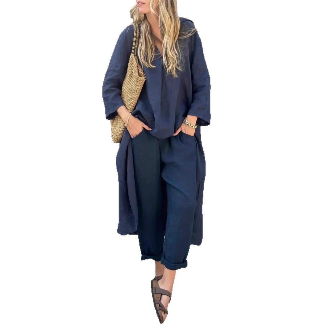 Women's Plus Size Cotton-Linen V-Neck Long Sleeve Top & Pants Set Casual Loungewear