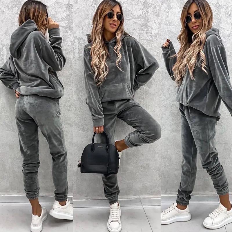 Women's Solid Color Hoodie and Pants Two-Piece Set
