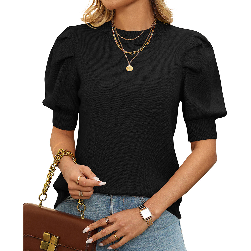 Women's Casual Crewneck Puff Sleeve Sweater Solid Short Sleeve