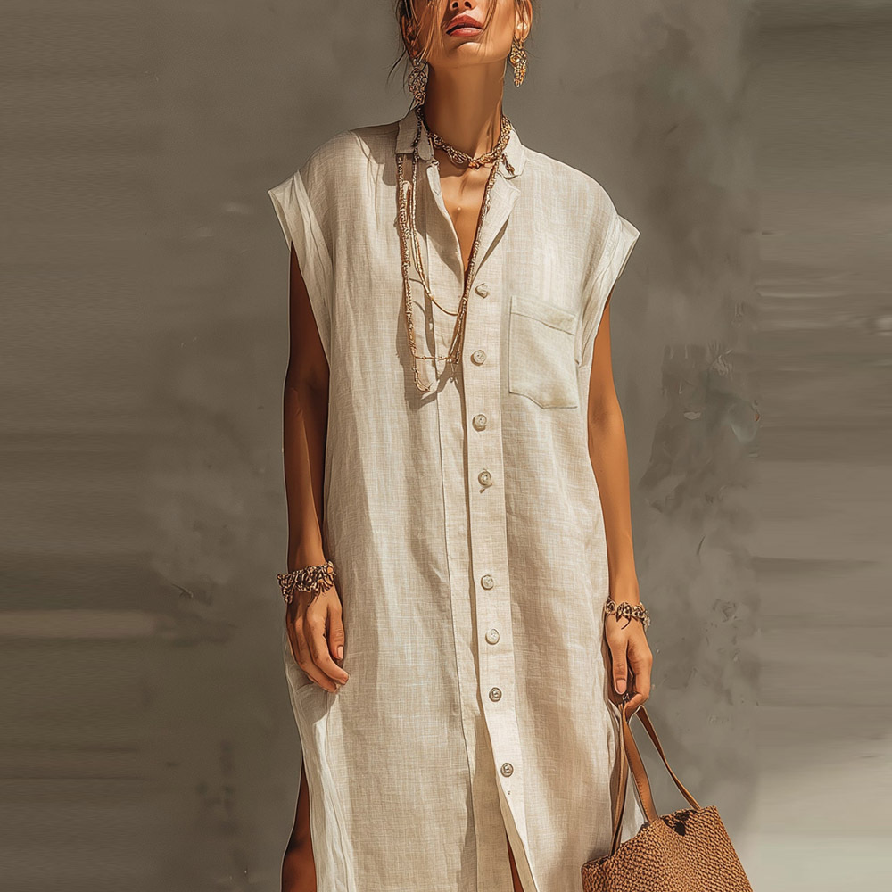 Women's Summer Cardigan Shirt Dress Solid Color Loose Split Casual Midi Dress