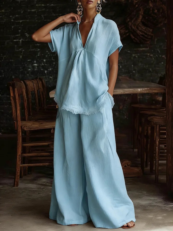 Women's Linen-Blend Short-Sleeve Shirt & Wide-Leg Pants Two-Piece Set