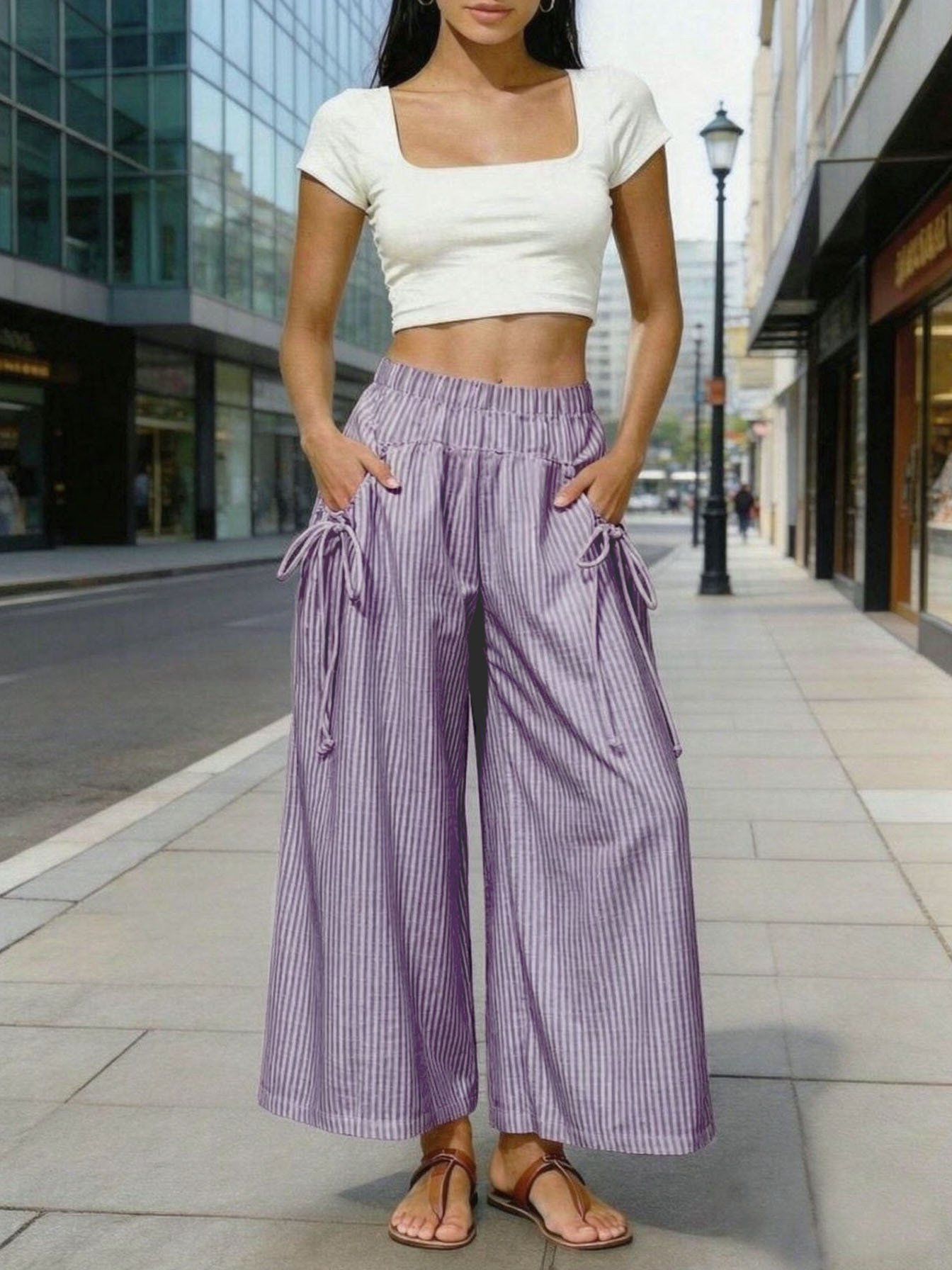 Drawstring Elastic Waist Wide Leg Cropped Pants