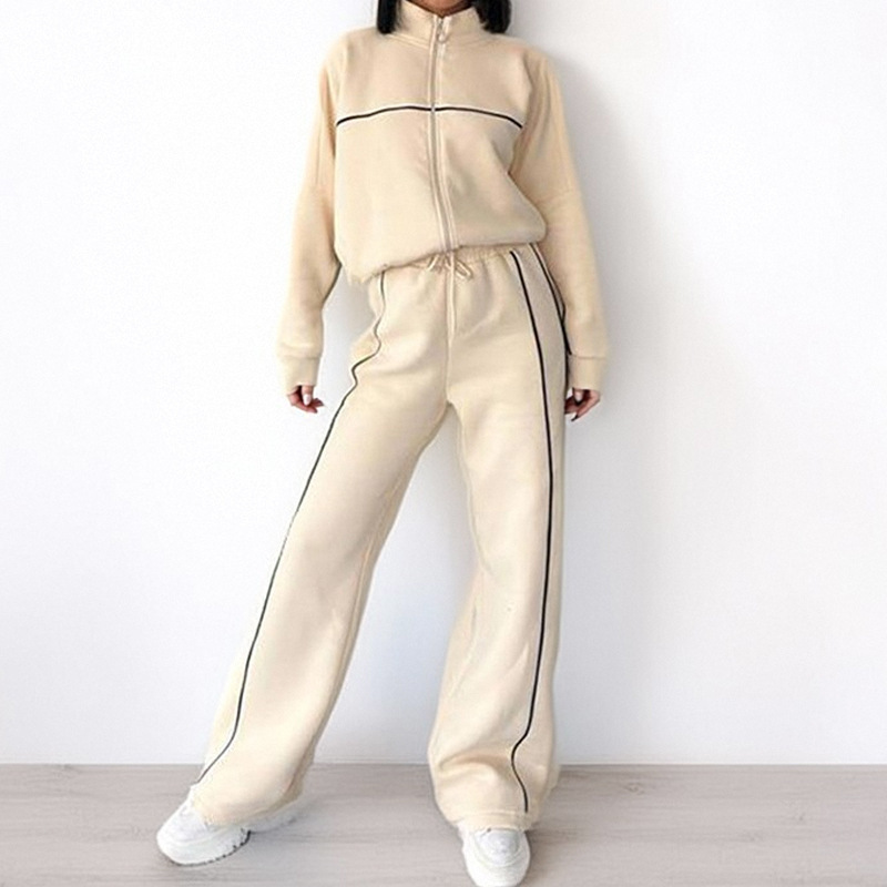 Women's Half-Turtleneck Zip Cardigan and Tie Pants Set Casual Sportswear