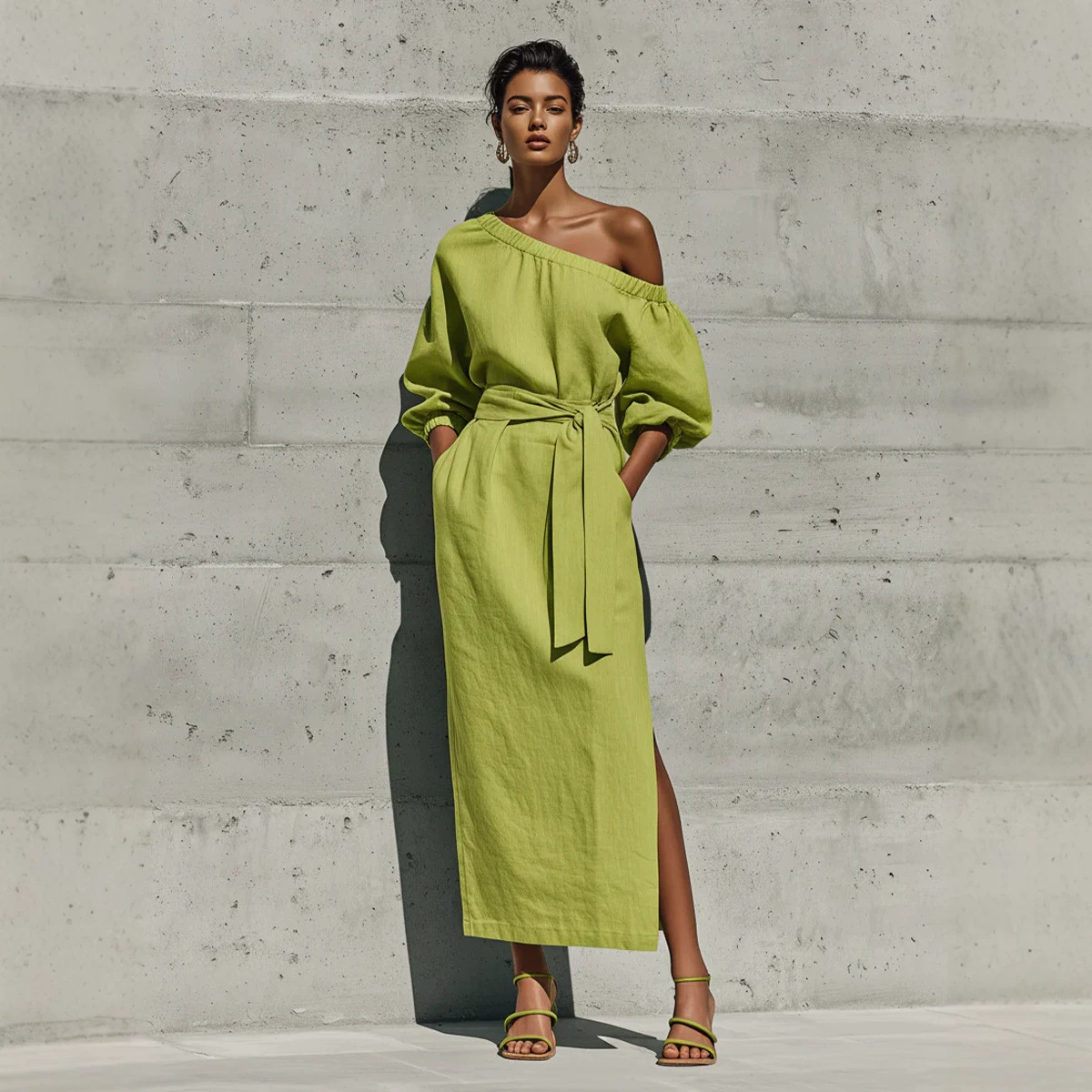 Women's One-Shoulder Tie-Waist Midi Dress with Pockets