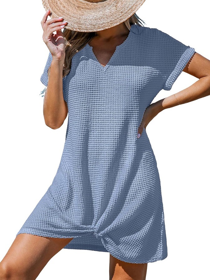 V-Neck Twist Cover-Up Dress Short Sleeve A-Line Beach Dress