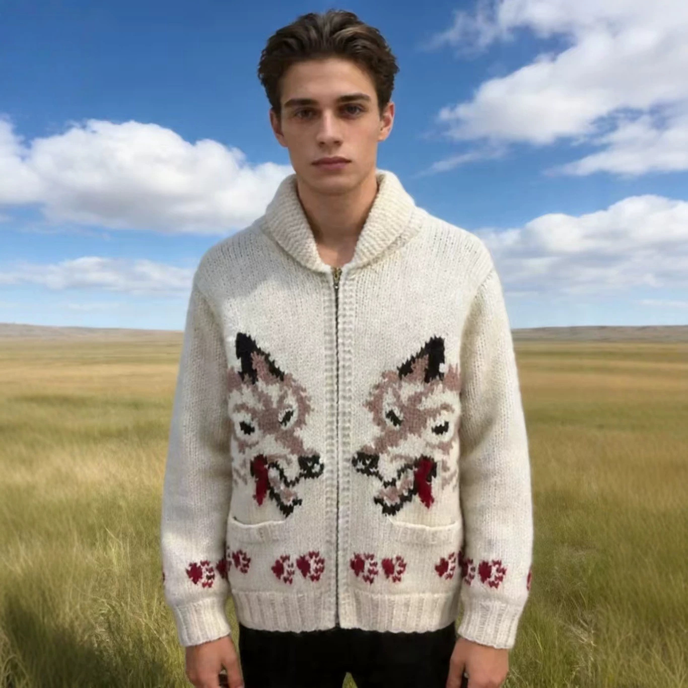 Retro Wolf Head Jacquard Zip Cardigan Chunky Knit Unisex