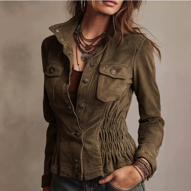 Women's Olive Green Cinched Waist Casual Jacket