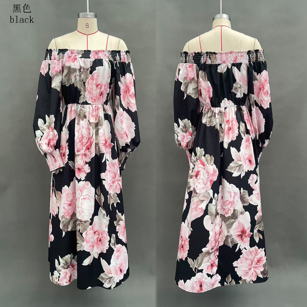 Floral Print Off-Shoulder Lantern Sleeve Midi Dress