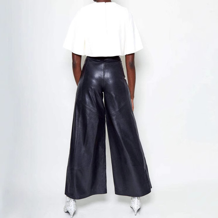 High-Waisted PU Faux Leather Flared Pants for Women with Pockets