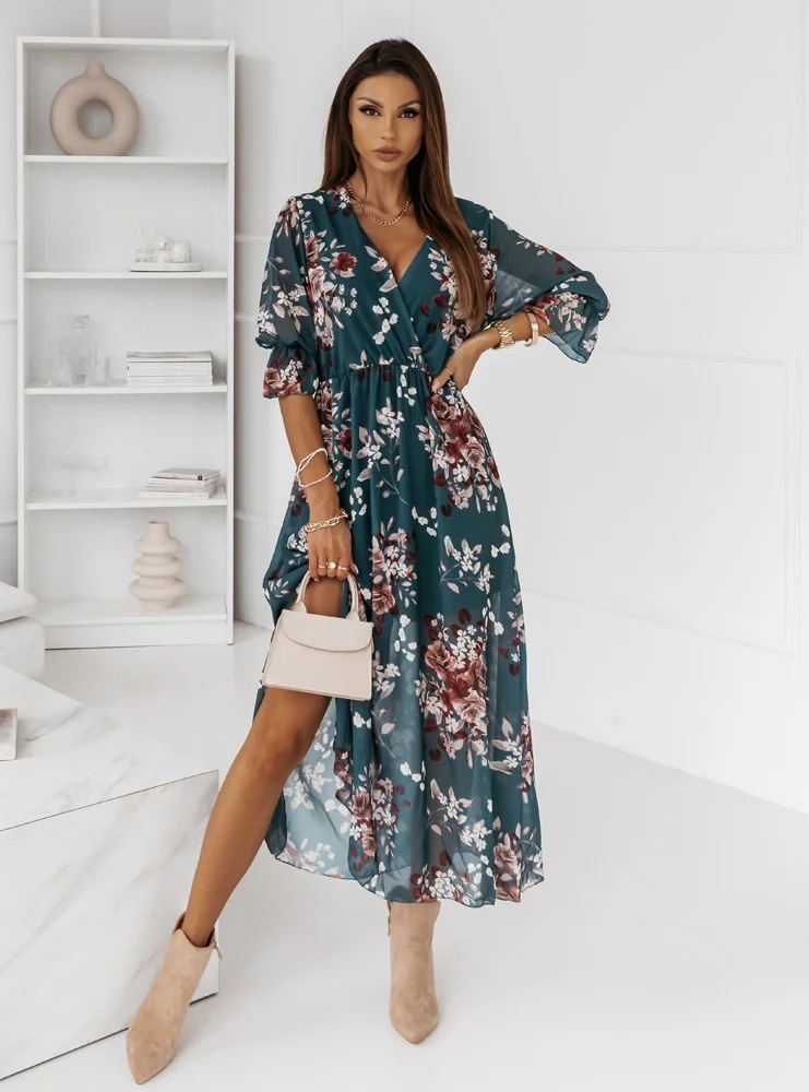 Women's V-Neck Printed Short Sleeve Midi Dress - 6 Colors