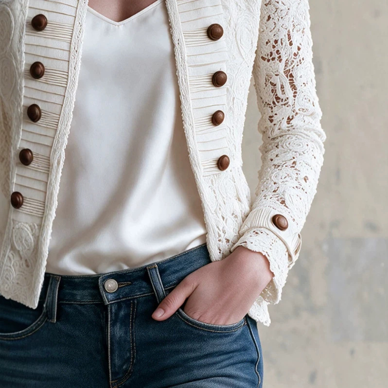 Retro White Lace Double-Breasted Jacket with Stand Collar
