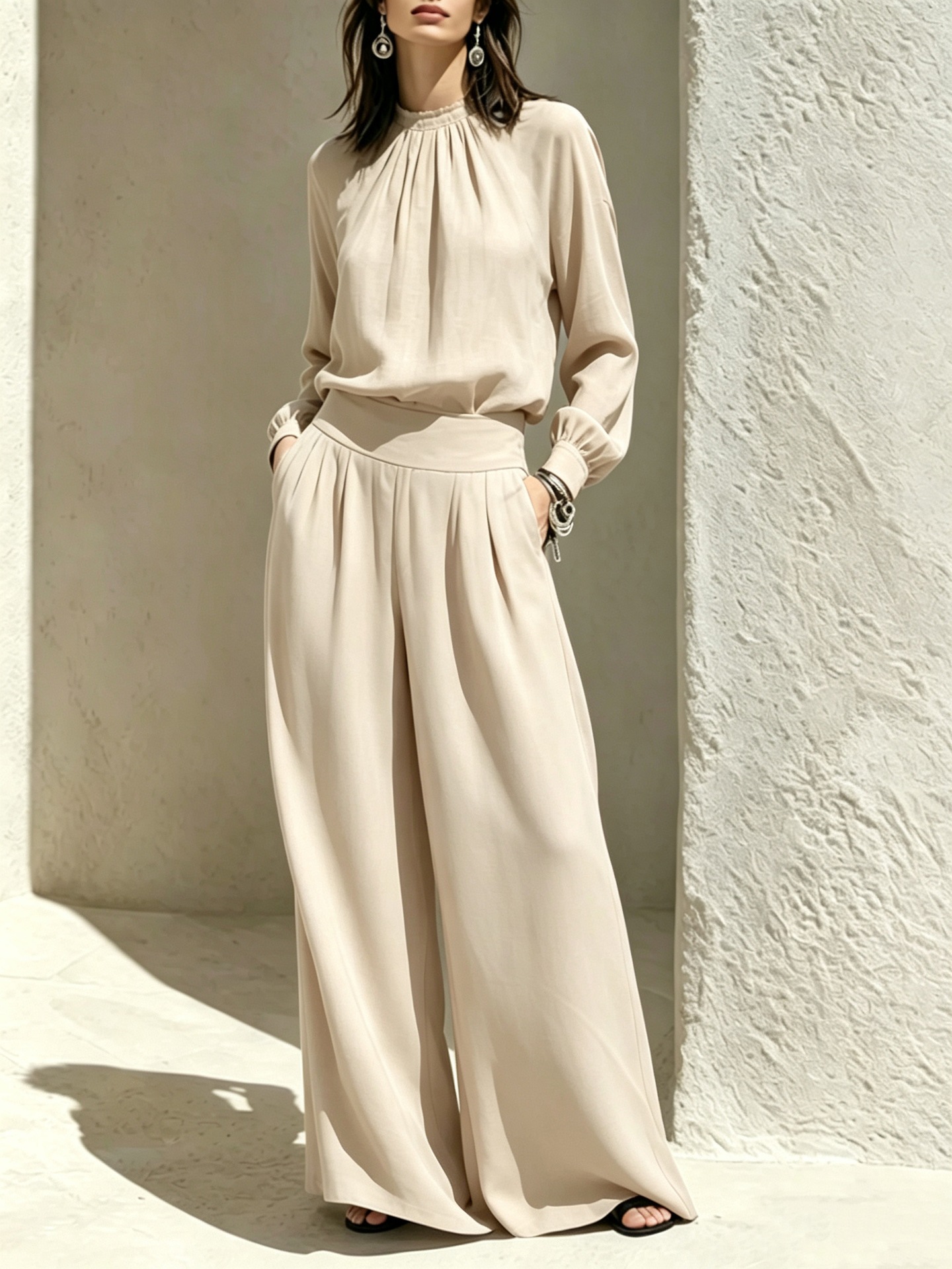 Women's Stand Collar Loose Top and Wide-Leg Pants Set