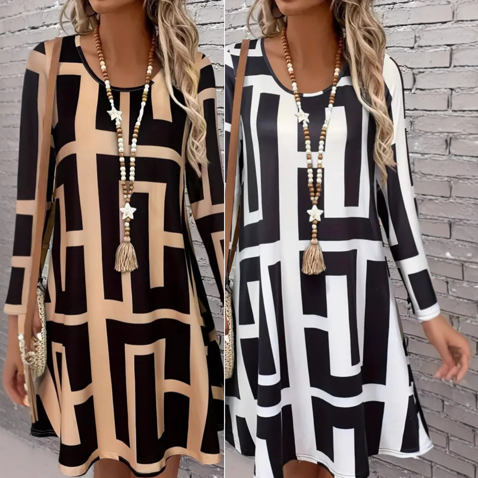 Plus Size Geometric Print A-Line Midi Dress Long Sleeve Crew Neck