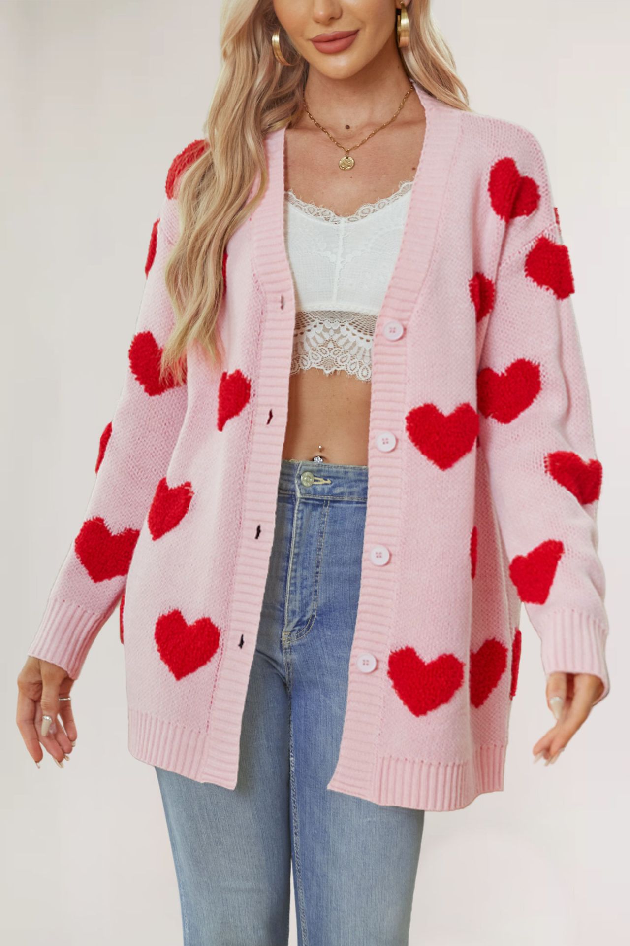 Heart Jacquard Knit Midi Cardigan V-Neck Button-Up Women's