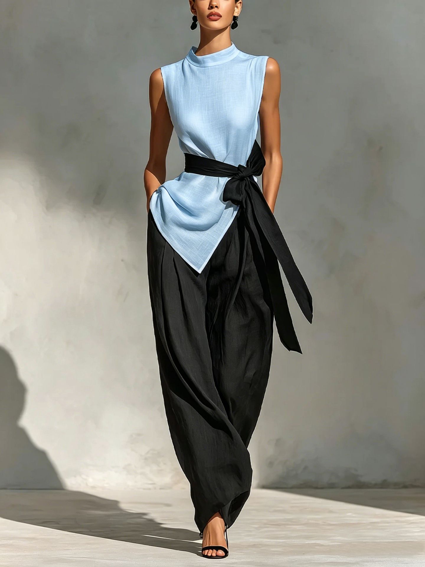 Women's Sleeveless Lace-Up Top and Wide-Leg Pants Two-Piece Set