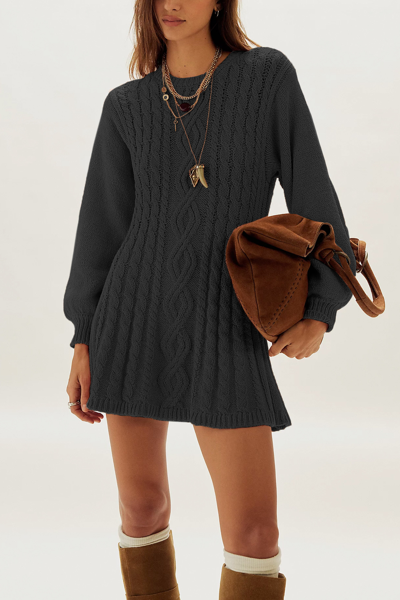 Cable-Knit Long-Sleeve Loose Knit Dress