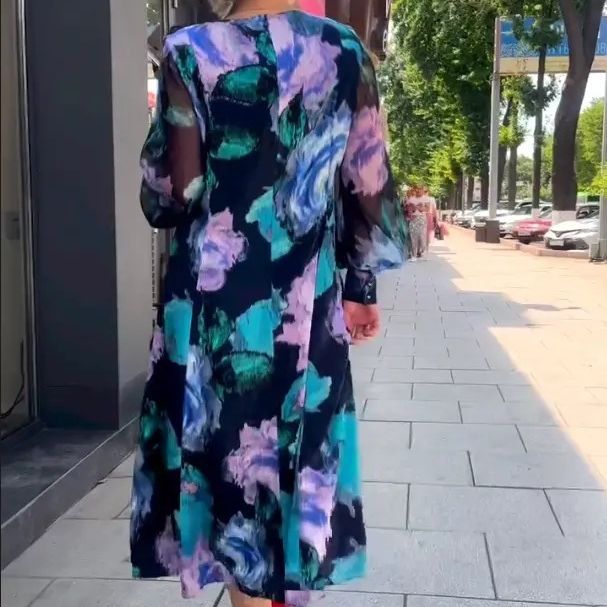 Printed V-Neck Long Sleeve A-Line Maxi Dress