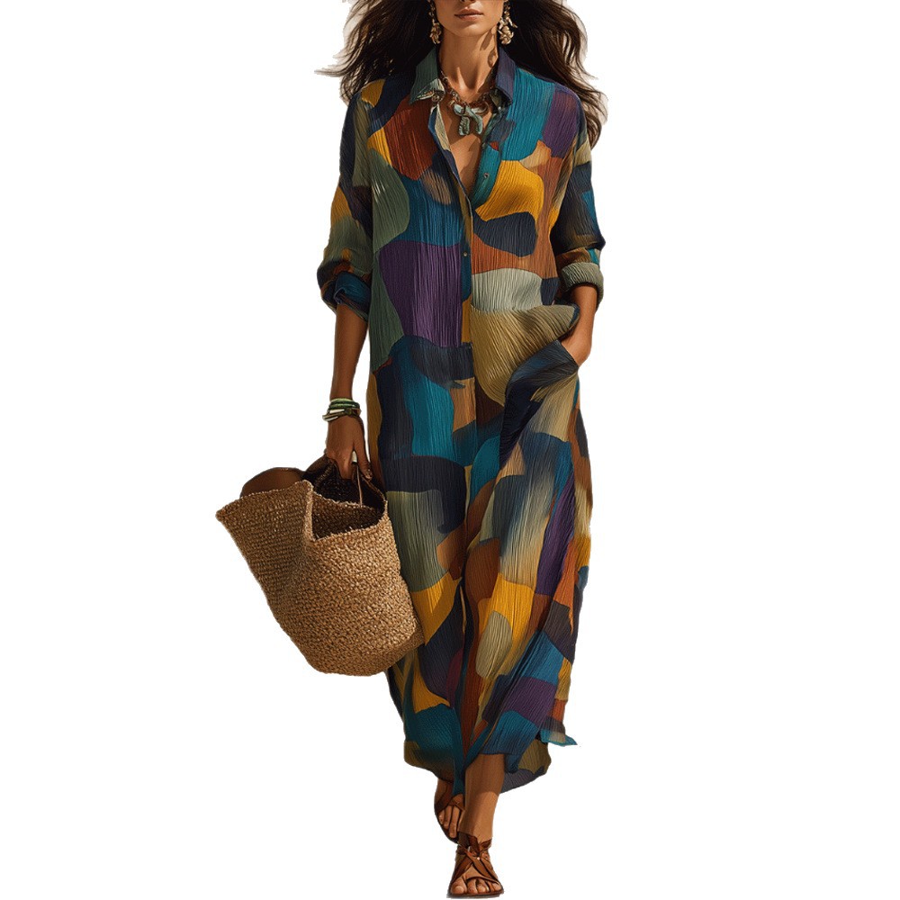 Women's Geometric Print Button-Front Long Sleeve Maxi Dress