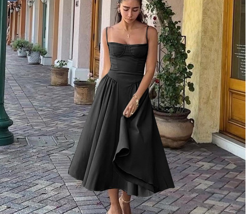Women's Strapless Bodycon Midi Dress Sleeveless High Waist Solid Color