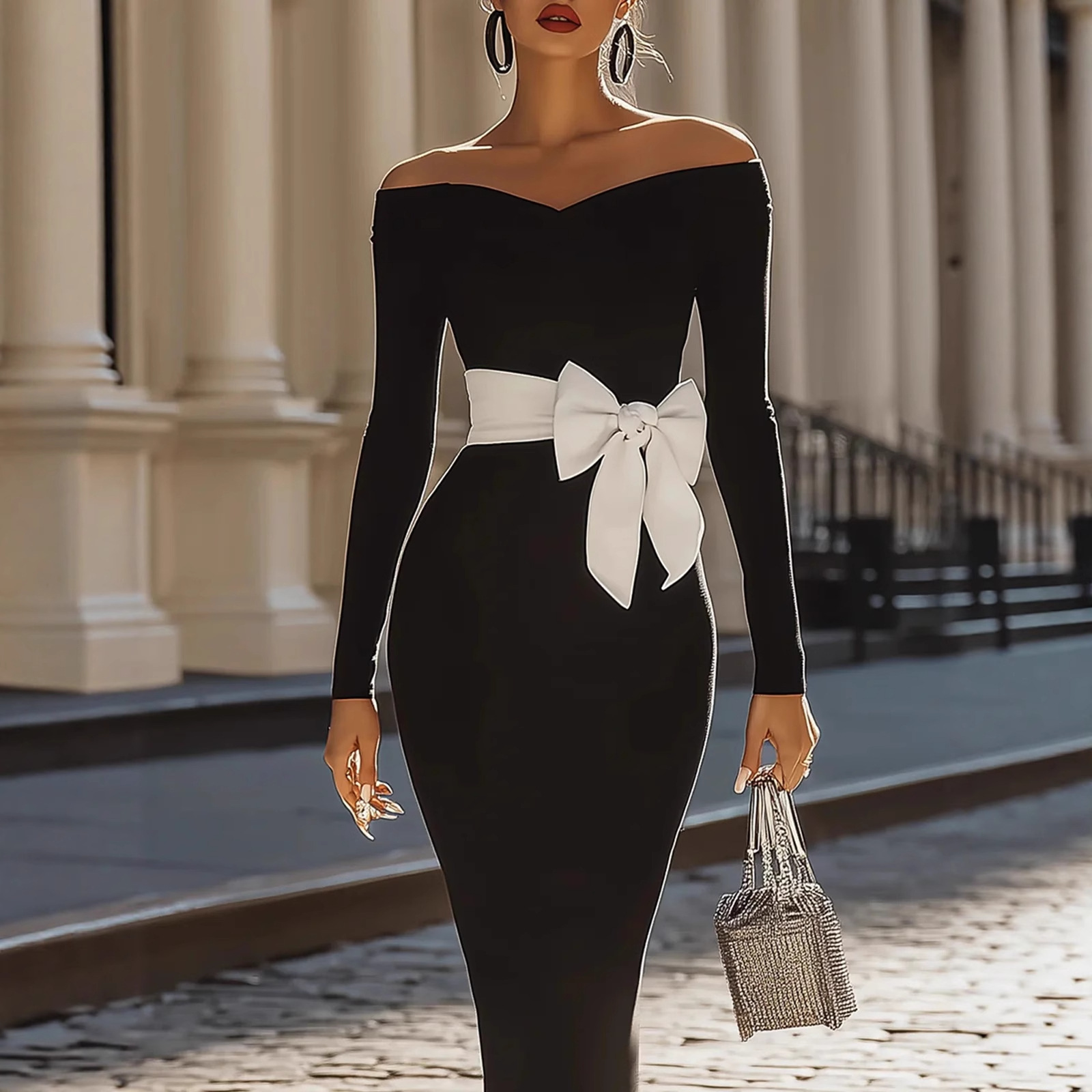 Long Sleeve V-Neck Bow Tie Bodycon Midi Dress