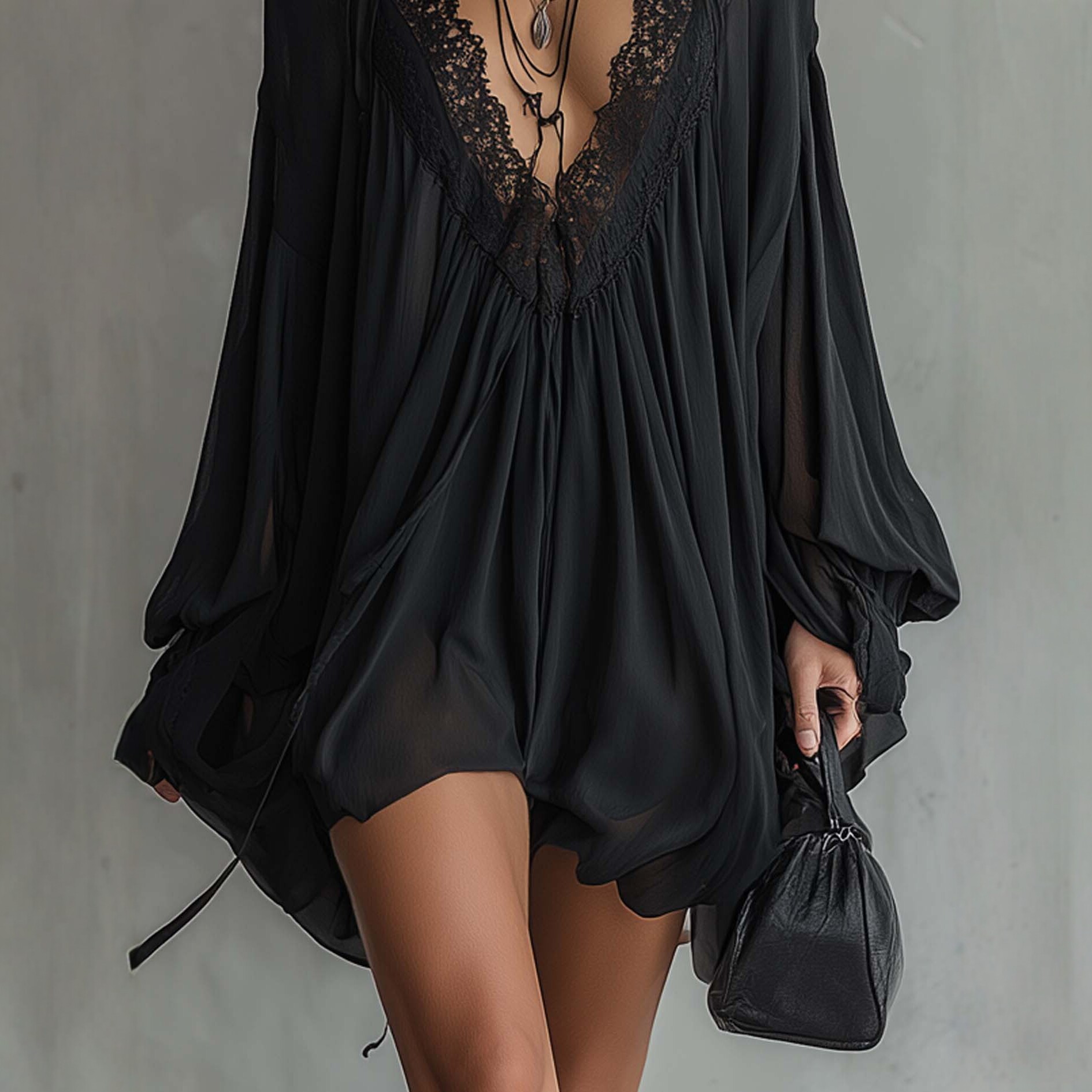 Black Lace Panel V-Neck Satin Robe Dress Sexy Loungewear
