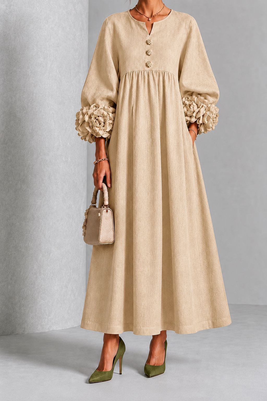 Women's Light Luxury Solid Color Dress with Floral Lantern Sleeves, V-Neck, High Waist, Pleated A-Line Long