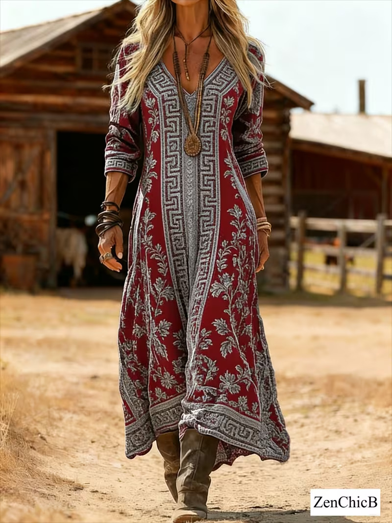 Women's Vintage Tribal Print Pleated Midi Dress