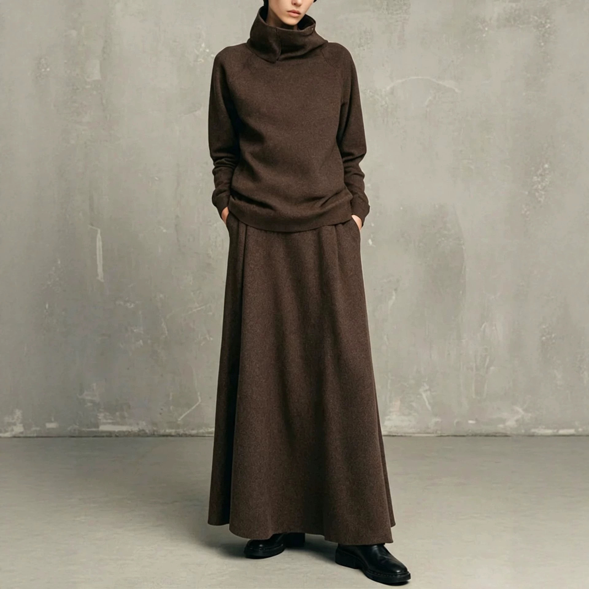 Women's Two-Piece Fleece-Lined Turtleneck Sweatshirt and Midi Skirt Set