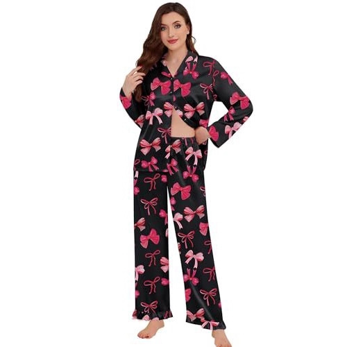 Women's Cuban Collar Butterfly Ribbon Print Long Sleeve Loungewear Set