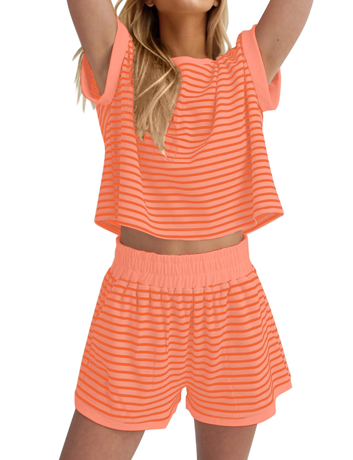 Women's Striped Round Neck Long Sleeve Two-Piece Pants Set